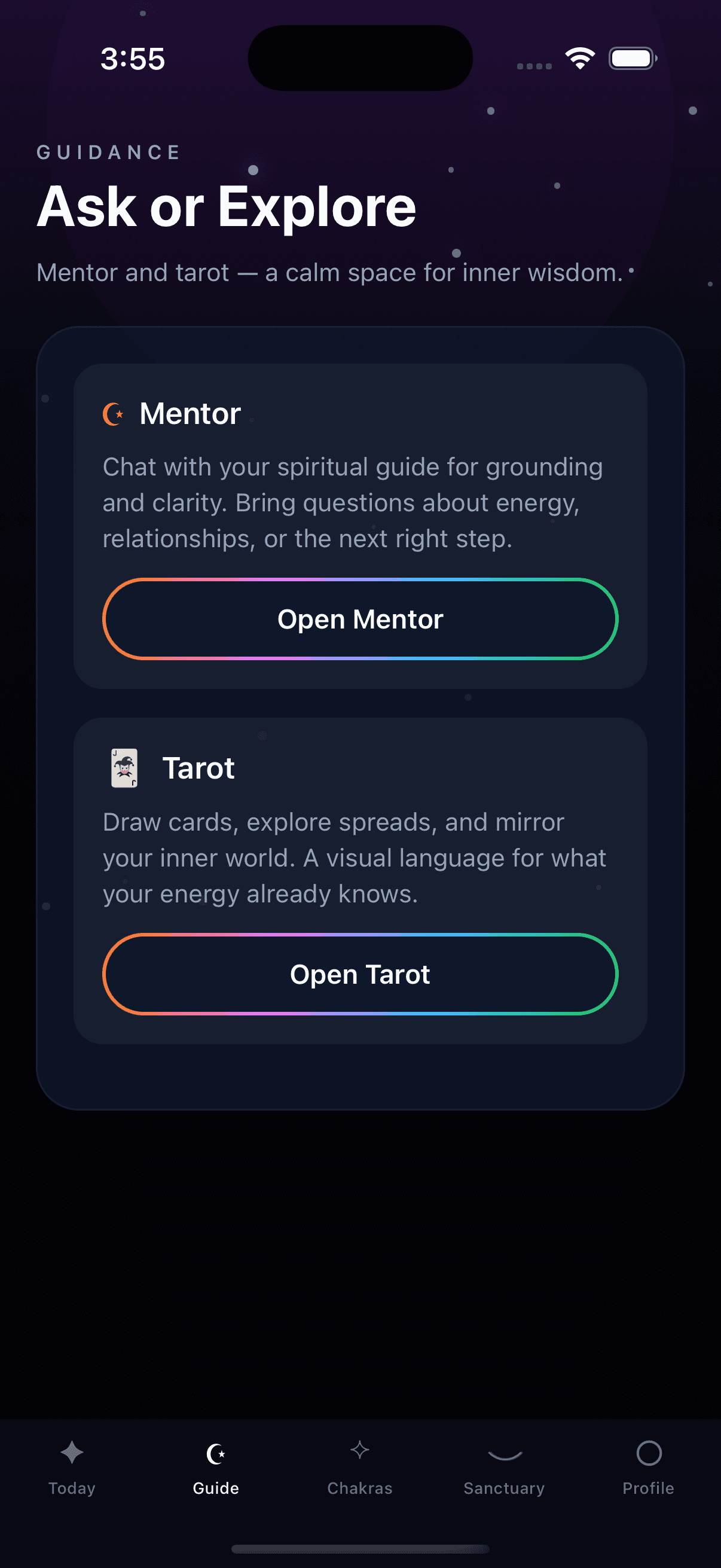 Guidance screen with mentor and tarot